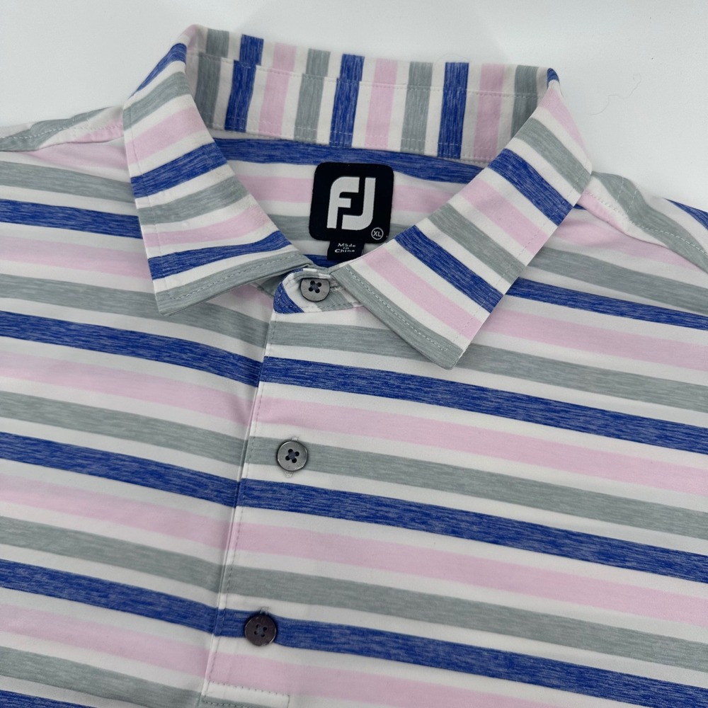 FootJoy Polo Shirt Mens XL Blue Pink Grey Striped Performance Golf Short Sleeve